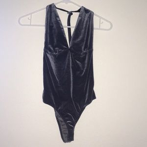 Halter V-neck Blue Velvet Bodysuit